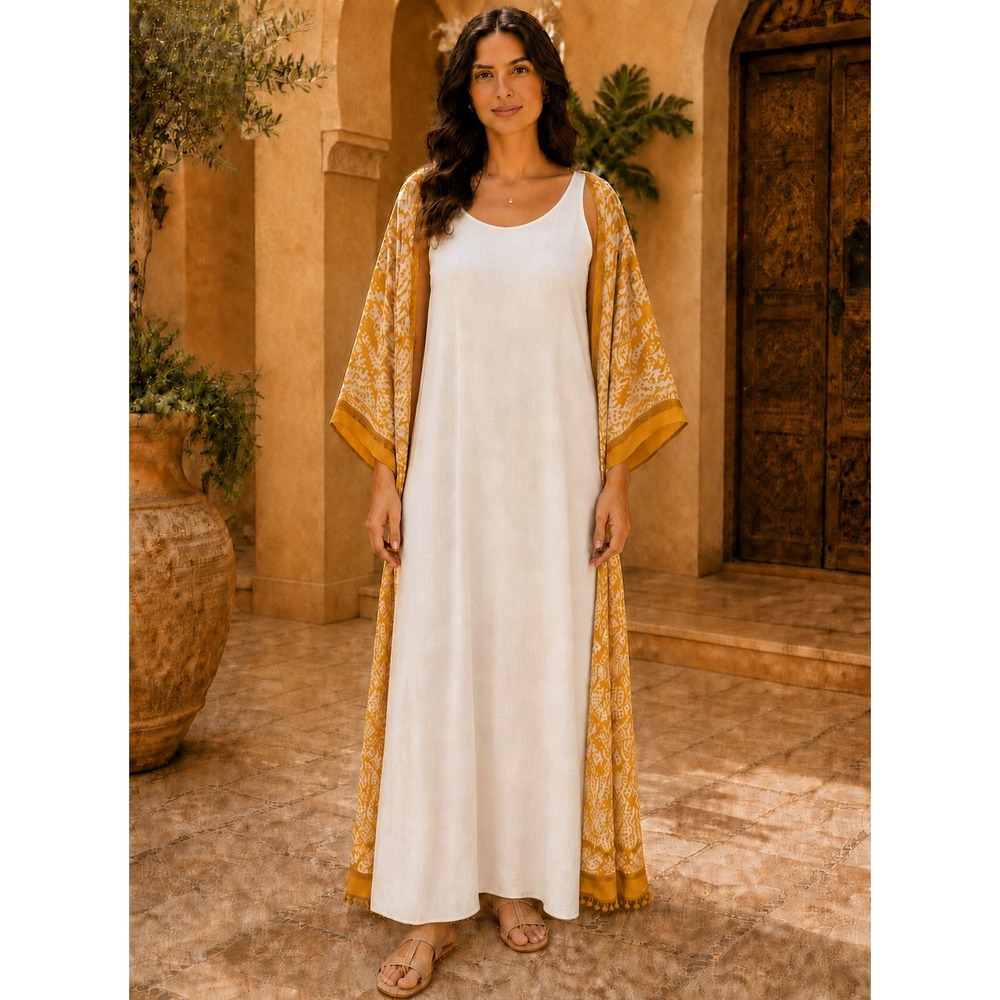 Macchia di Ruggine Womens Mustard Yellow Ikat Damask Pom Pom Trim Kimono Duster